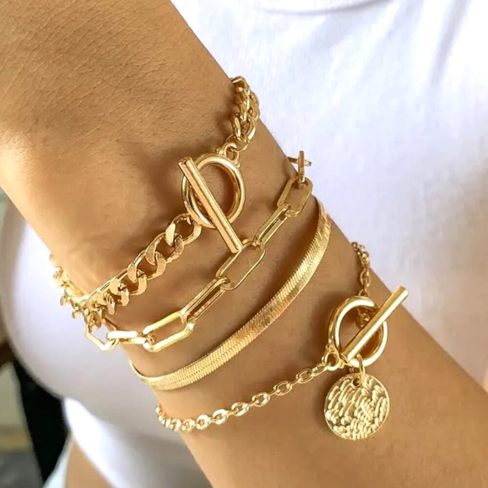 Bracelet 4pc Set Chain Gold Glam Layered Hollywood Herringbone Toggle Trendy NEW